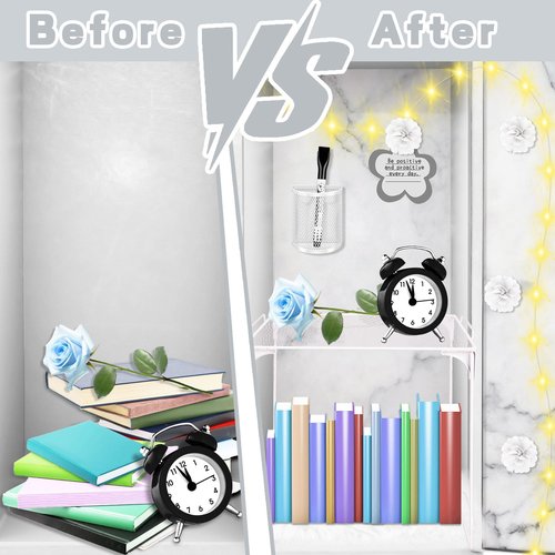 Gosodeny 17 Pcs White Locker Organizer Kit, Includes Classic Marble Locker Magnetic Wallpaper, Locker Shelf, Magnetic Mirror and Organizing Supplies First Day of School Essentials with Locker