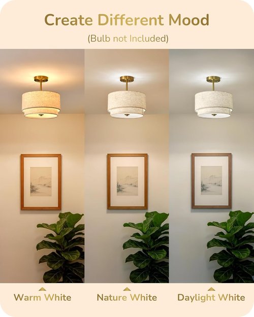 EDISHINE 12.6-Inch Semi Flush Mount Ceiling Light - 3-Light Modern Fixture with Double Drum Linen Shade | Brushed Gold Finish for Bedroom, Hallway, Dining Room