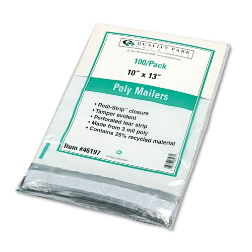 Quality Park Poly Mailer, Redi-Strip, White, 10 x 13, 100 per Box, (46197)