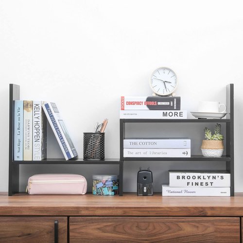 MyGift Adjustable Gray Solid Wood Desktop Storage Organizer Display Shelf Book Rack, Home Office Desk Decor Bookshelf