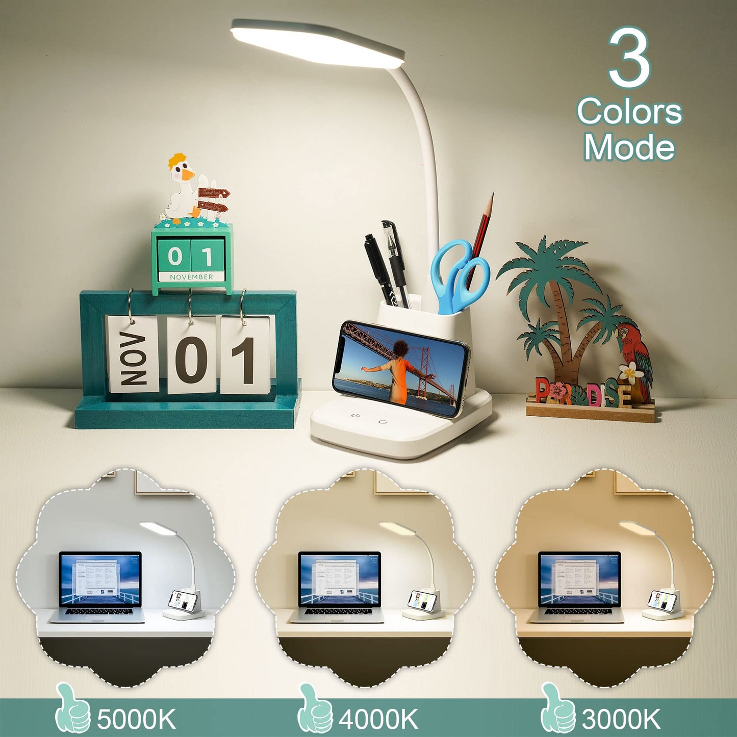 Sailstar Upgraded LED Desk Lamp with Wireless Charger, White Small Desk Light with Pen Holder, 3 Color Modes, CRI 85, 800 Lumen, Study Lamps for College Dorm Room, Home Office, Adapter Included
