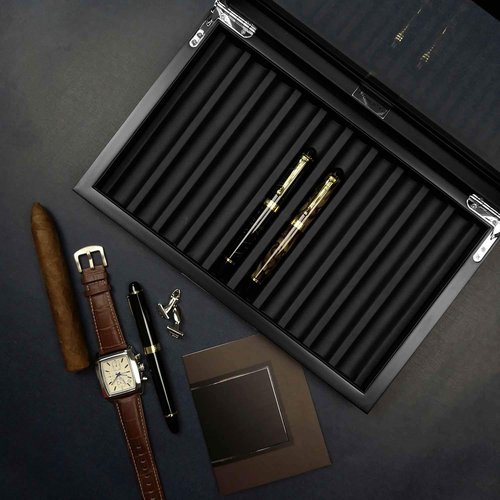 Lifomenz Co Wood Pen Box - 10 Slot Organizer With Glass Lid, Top Window Display Case for Collection Storage