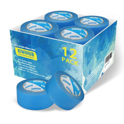 KIWIHUB 12 Rolls 2" (1.88”/48mm) X 55 Yards Pro-Grade Blue Painters Tape, Medium Adhesive That Sticks Well but Leaves no Residue Behind