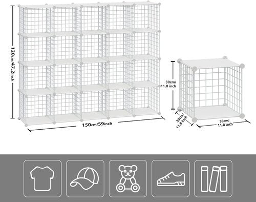 Hubson Wire Cube Storage Organizer - Versatile 20-Cube Metal Grid Shelf for Books, Toys, Crafts & Plants - White