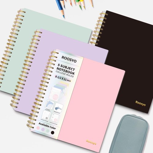 Aesthetic 5-Subject Notebook College Ruled with 5 Movable Tab Dividers & Pockets, 150 Sheets, 3-Hole Punched, Spiral Notbook, Plastic Cover, Fits 8.5"x11", 68gsm Paper, Includes Writable Stickers – Cute School Journal or Office Supplies, Pink