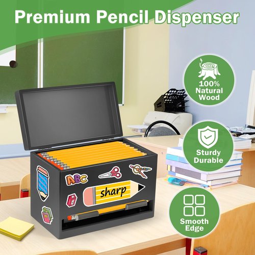 Aigybobo Pencil Dispenser for Classroom, Wooden Pencil Holder for Desk, Teacher Must Haves for Organization and Storage, Pencils Straw Dispenser for Classroom Office Kitchen Restaurant (Black)