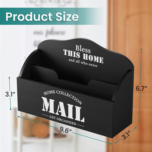 First-zgel Mail Organizer Countertop, Wood Mail Holder with 2 Slots, Rustic Mail Basket Mail Sorter for Wall, Bill Envelope Letter Holder for Home Office (Black