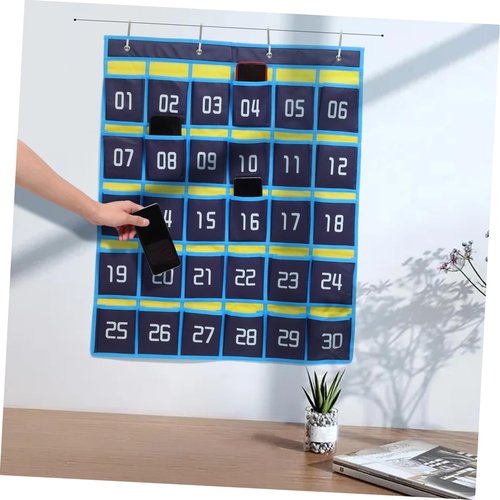 Anneome Classroom Pocket Chart Organizer with Phone and Calculator Holder for Teachers Wall Hanging Storage Bag with Hooks for Efficient Study and Organization