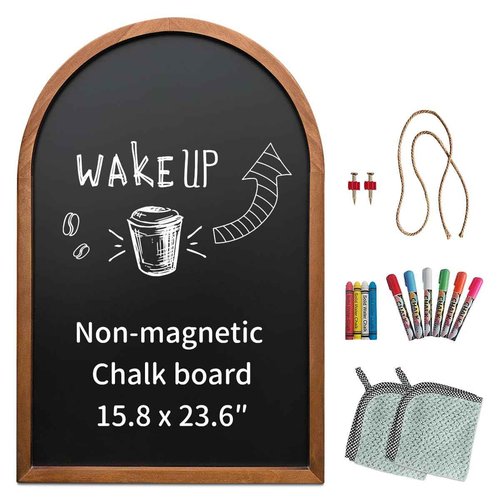 Curved Blackboard, 15.8x23.6 Inches, Chalkboard Sign, Non-Magnetic, Pine Frame, Wall Mounted, with Four Chalk and Six Writing Pens, Environmentally Friendly, Easy to Erase, Office, School, Bar