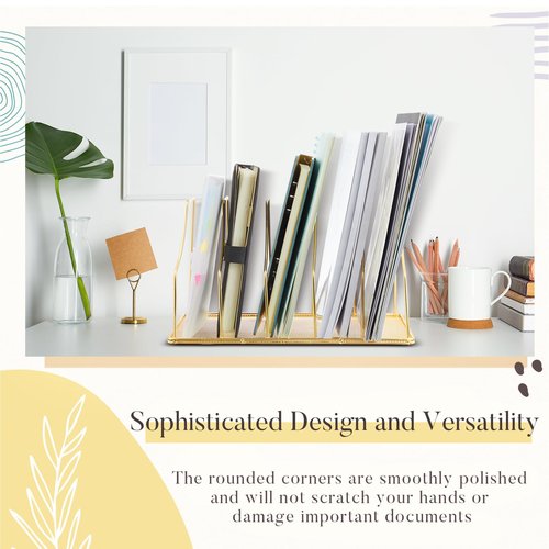 Chivertion 2 Pcs 5 Slot File Sorter Organizer Binder Holder for Desk Wire Magazine Holder Rack Upright File Folder Organizer Stand for Office Book Paper Home Shelf Storage(Golden)