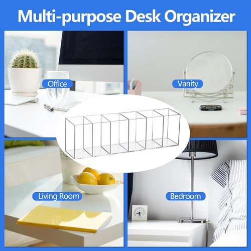 Flytreal Acrylic Pen Holder for Desk, 6 Compartments Clear Pencil Marker Makeup Brush Stationery Organizer for Art Supplies, Desk Accessories, Office Supplies, Vanity, Bathroom, Kitchen