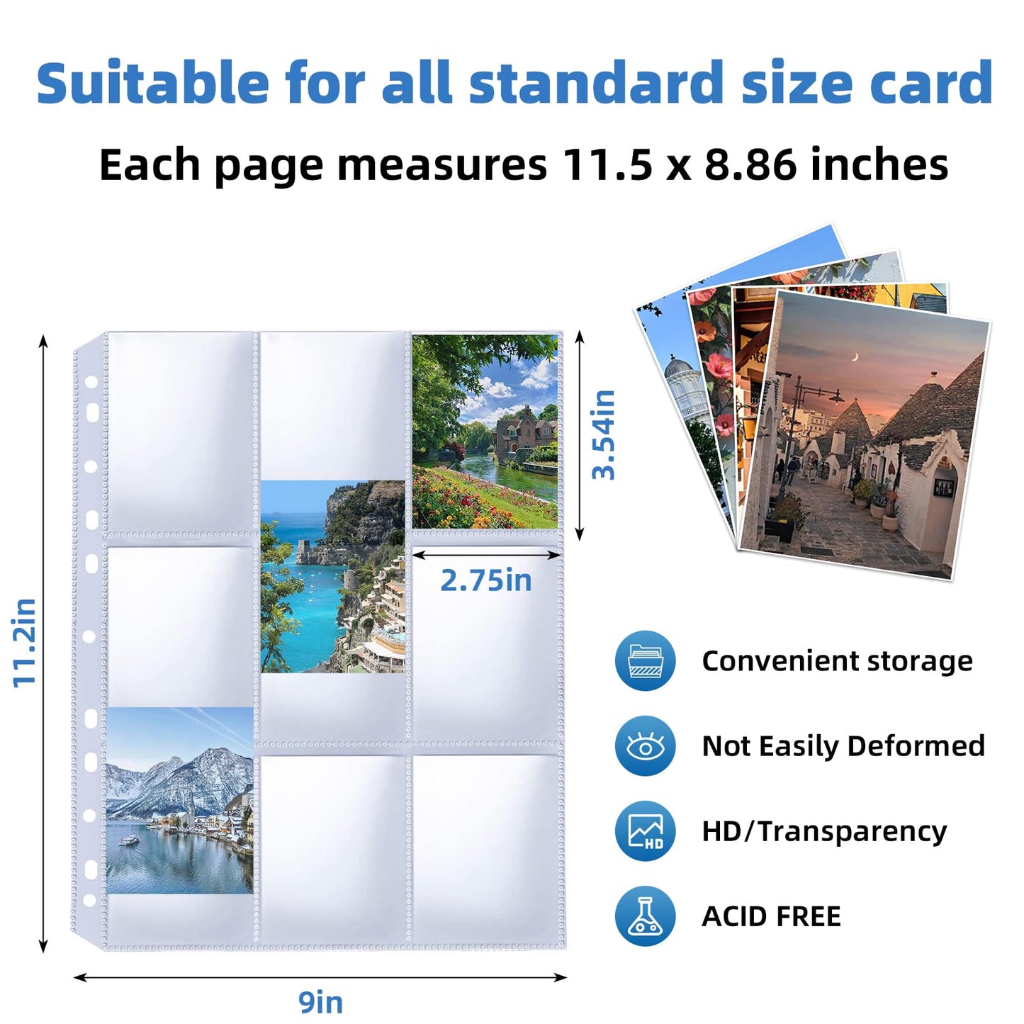 200 Pack 9 Pocket Trading Card Binder Pages, Holds 3600 Cards, Thickened Binder Sleeves, 3 Ring 9 Pocket Sheets for Sports Cards, Coupons Cards