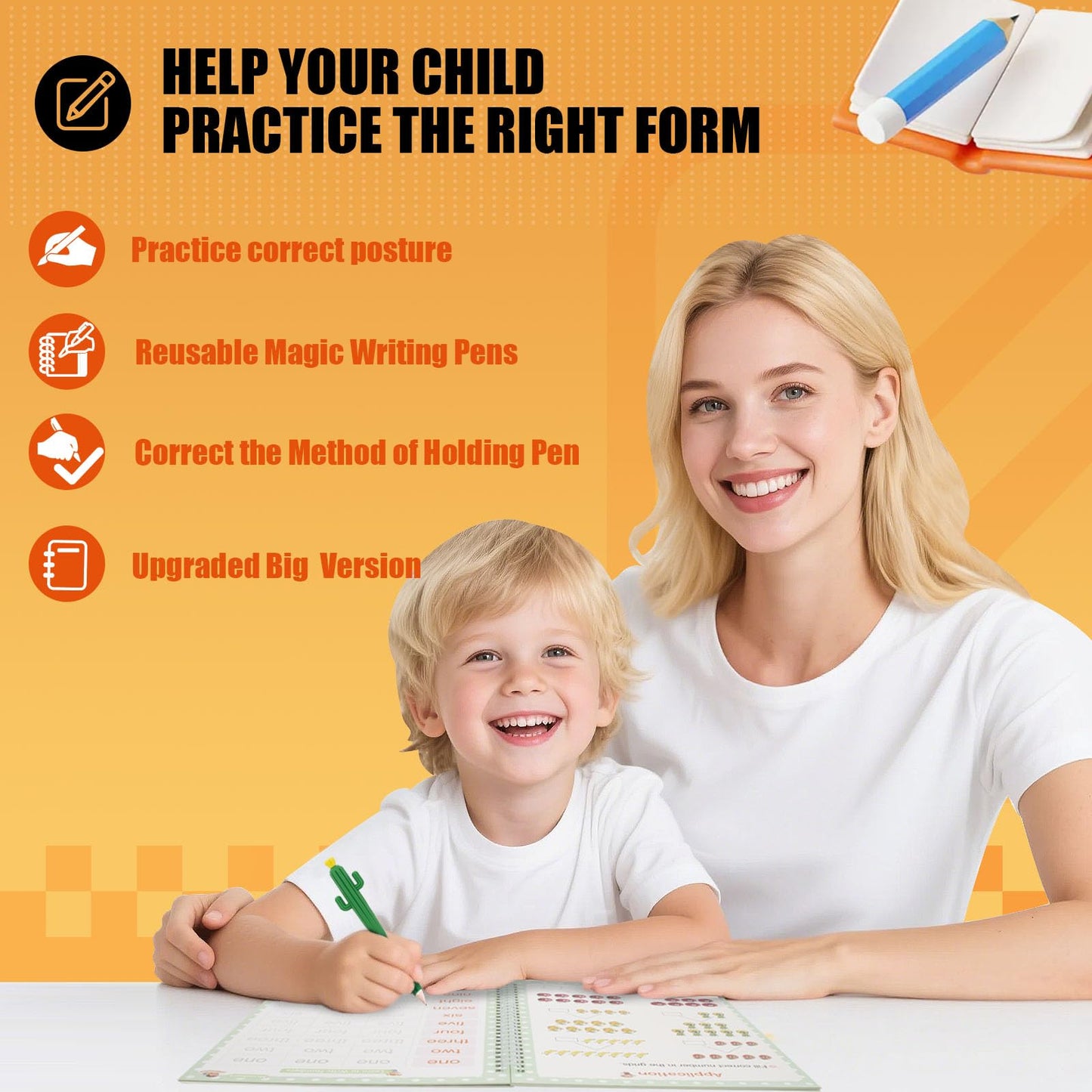 Reusable Magic Copybook for Kids, Large Grooved Handwriting Practice with Pens 5 Large copybooks (7.3x10.3in), Magic Ink Fades Automatically for Reuse, Includes Cactus pens & Bag, Great for Ages 3-8
