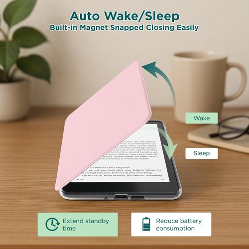 SESENSE Detachable Magnetic Case for 7'' Kindle Paperwhite 12th Gen 2024 and Kindle Colorsoft Signature Edition, Slim PU Shell Cover Case with Auto Wake/Sleep, Pink