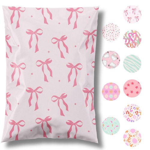 Pretty Package Store 6x9 Designer Poly Mailer 100 Pack Heavy Duty Waterproof Self Seal Shipping Bags for Small Business Large Mailing Envelopes Bulk Tear Resistant Cute Packaging Pink Bows Coquette