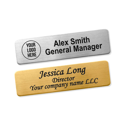 Custom Engraved ID Name Tag Badges Identification Personalized with Text & Logos, Metal Name for Clothing with Pin or Magnetic Backing Plates for Business and Employees (Text with Logo)