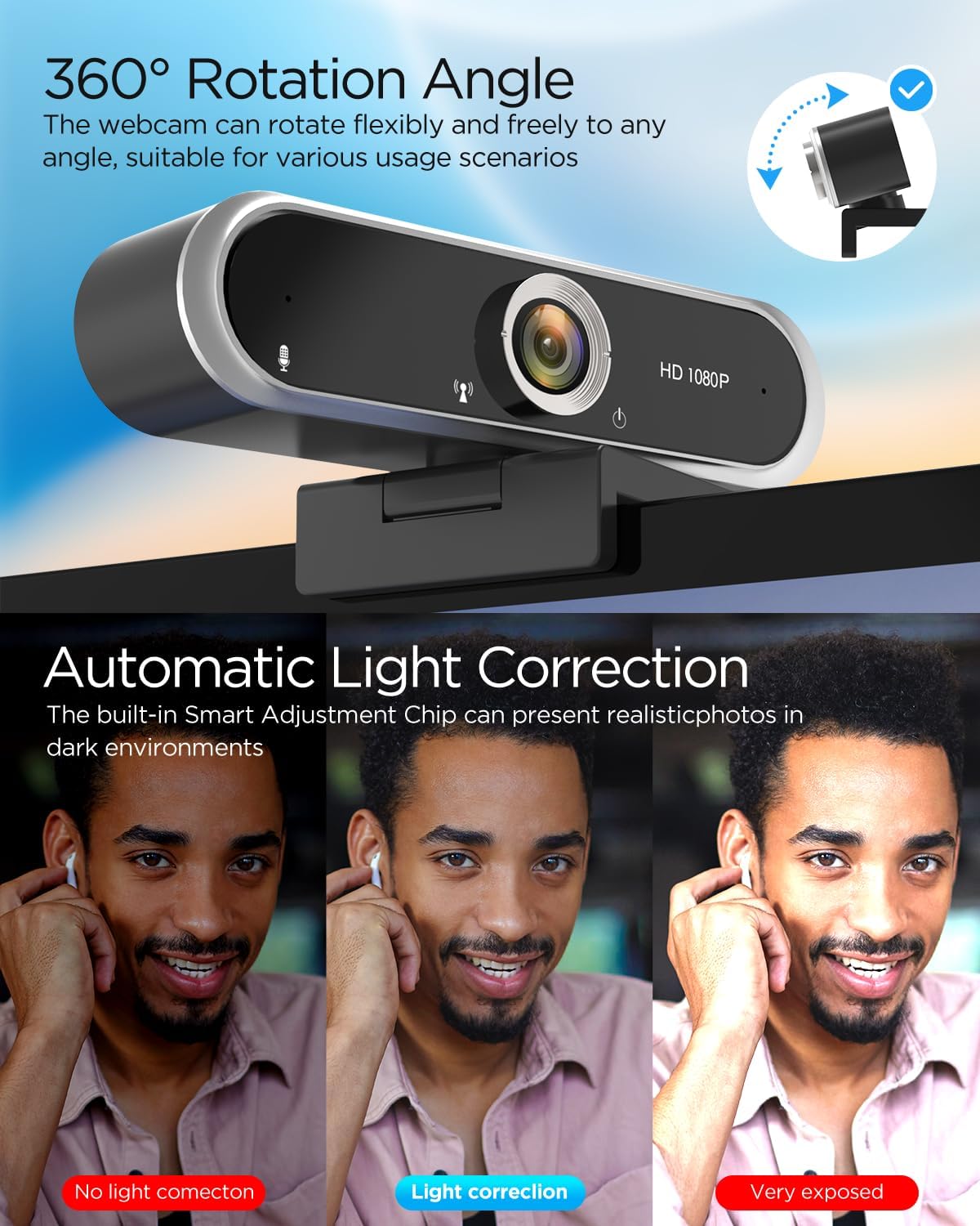 Webcam 1080P - USB Computer Camera with Microphone & Privacy Cover | Auto Light Correction for Video Calls