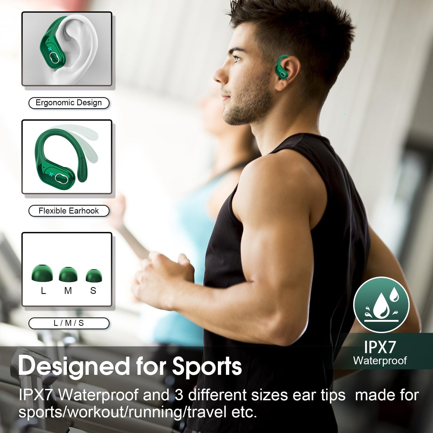 Wireless Earbuds 75hrs Bluetooth 5.4 Headphone Sport, 2026 Bluetooth Earbuds Stereo Deep Bass Over Ear Bud with Earhooks, ENC Noise Cancelling Mic, IPX7 Waterproof Earphone for Gym/Workout, Dark Green