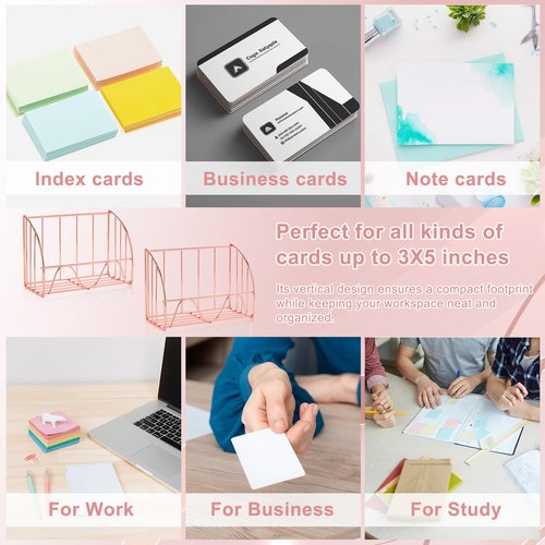 2 PCS Index Card Display Stand 3x5 Inch Business Card Stand Gold Metal Index Card Holder Greeting Cards Holders Capacity 200 Sheets Business Cards Organizer Desk Table Home Office (Rose Gold)