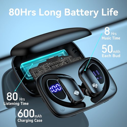 Bmani Wireless Earbuds - Bluetooth Headphones with 80H Playtime & LED Display Case | Black Sports Earphones for Running & Gym