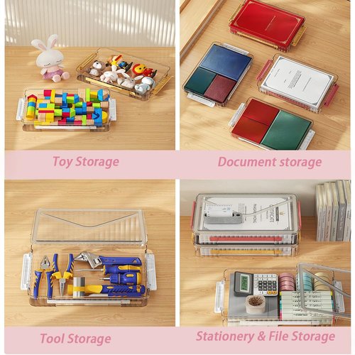 RHONZHAO 2 Pack Clear Plastic File Boxes w/Latching Lids, Stackable A4 Storage (‎White Latches, Large)