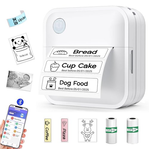 Miouca Label Maker Machine with Tape - Mini Sticker Printer Bluetooth Label Printer for Home Office Organization, Portable Thermal Sticker Maker Print Pod with Multiple Templates for Phone(White)