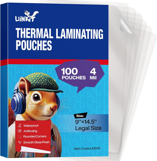 Uinkit Legal Size Laminating Pouches - 4mil Heavy Duty 100 Pack, 8.5x14 Inches for Durable Documents & Menus