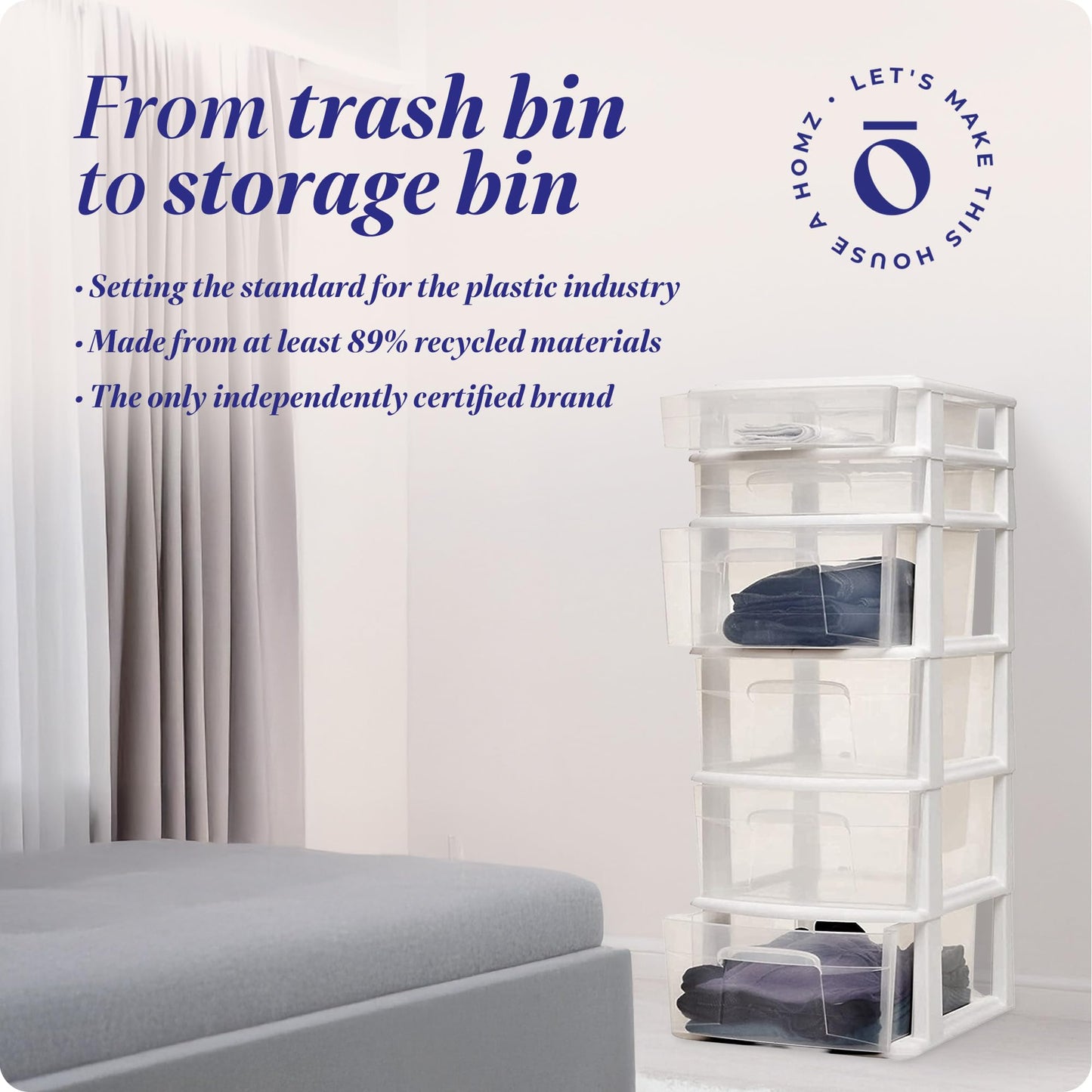HOMZ 1-Pack Drawer Tower, 6-Tier Clear Plastic Storage Organizer Cart, White Frame - Heavy-Duty Organizing Drawers for Home, Bedroom, and Closet Organization