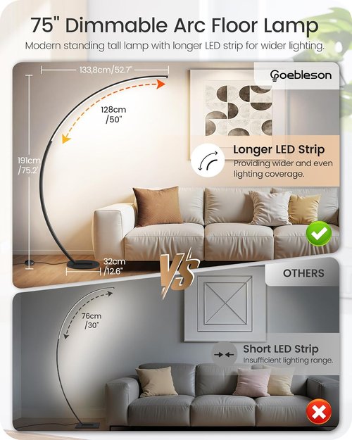 Skiennix 75-Inch Dimmable LED Arc Floor Lamp - Remote Control & 3 Color Temperatures | Modern Design for Living Room & Bedroom