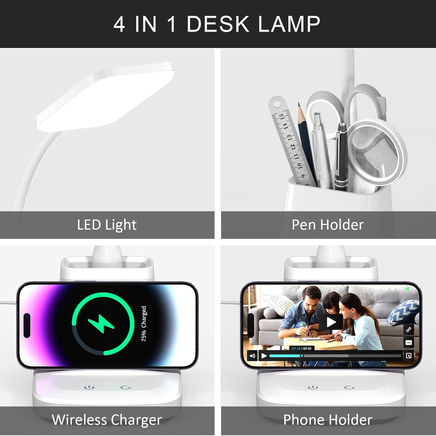 Skiennix LED Desk Lamp with Wireless Charger - 800LM, 3 Color Modes, Flexible Arm & Pen Holder for Home Office