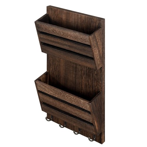 Mail Holder for Wall, Wooden Mail Sorter with 4 Key Hooks, 2 Slot Wall Mounted Mail Sorter Letter Bills Newspaper Magazine Organizer for Entryroom Hallway Office Garage, Rustic Brown