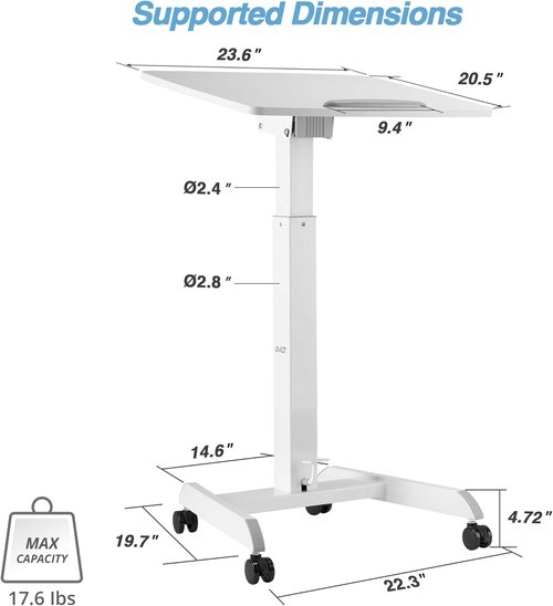 AVLT Height Adjustable Mobile Workstation - Pneumatic Standing Desk Cart with Tilting Desk | 47" White Finish