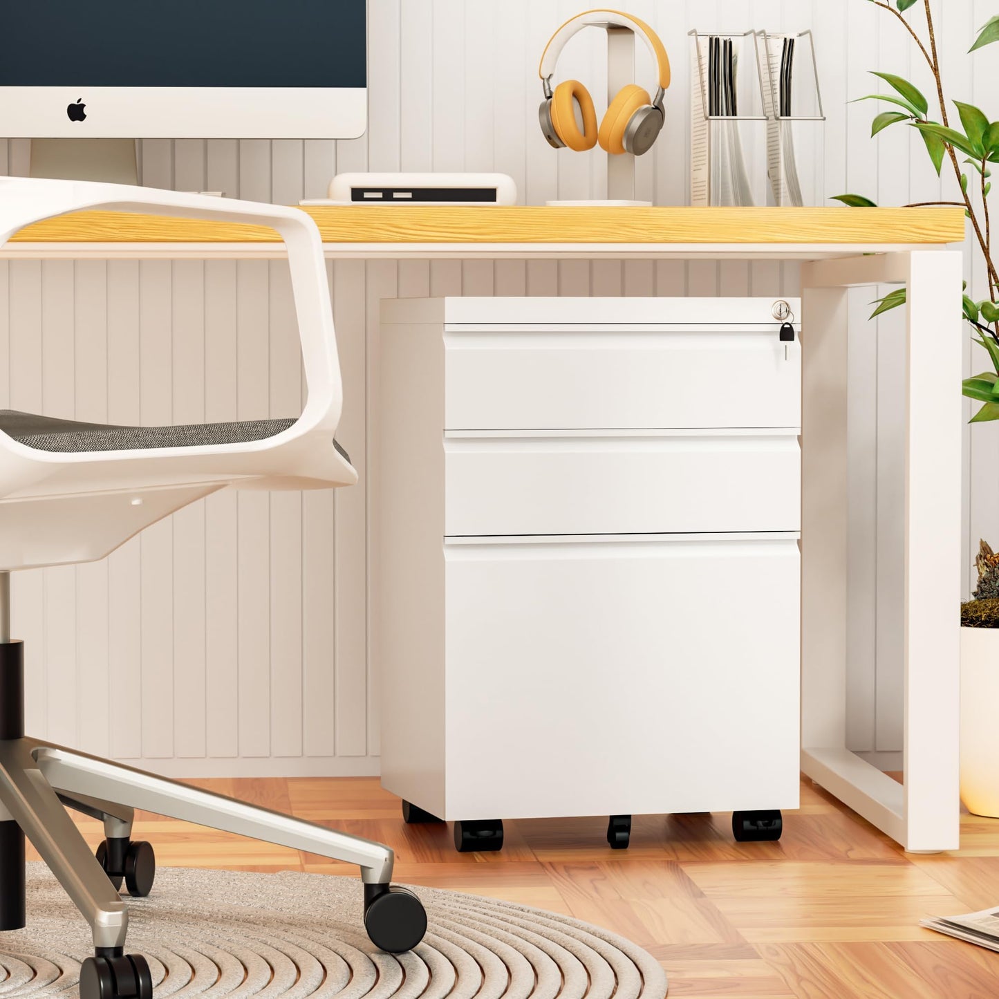 Bonusall 【Fully Assembled 3 Drawer White File Cabinet, Fully Assembled Metal Rolling Filing Cabinet with Lock, Under Desk Drawer Filing Cabinets for Home Office Fit A4/Letter/Legal