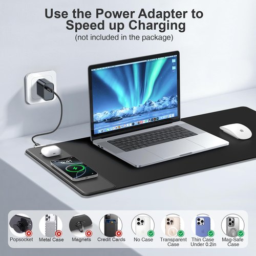Magnetic Wireless Charging Mouse Pad, 31.5"x15.8" Large Gaming Desk Mat with Superior Stitched Edges, Non-Slip Base, Waterproof Ultra-Smooth Surface Keyboard Pad for Gamer, Office & Home, Black