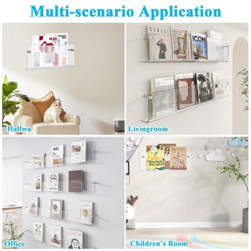 CYEAH 4 Pcs Acrylic Magazine Holder Brochure Holder, 15 in Record Holder Magazine Rack, Wall Mount Hanging Bookshelf Literature Storage Rack, Brochure File Display Shelf for Waiting Room Office Home