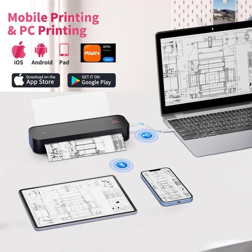 yanxio Portable Printers Wireless for Travel, Portable Printer, Inkless Thermal Printer, Support A4/8.5 x 11'' Thermal Paper for Office, Travel, Home, Support iOS, Android, Windows