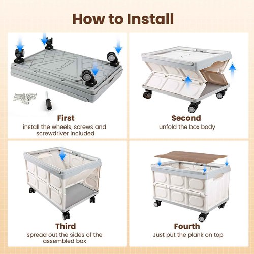 Collapsible Rolling Crate with Wheels, Foldable Utility Cart with Wooden Cover, Mobile Folding Cart for Teacher, Shopping, Camping, Office - 55L