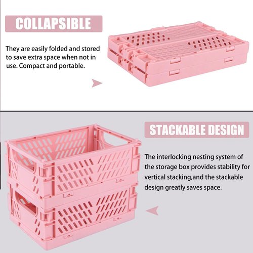 Tixill 2-Pack Mini Foldable Plastic Storage Box Mini Plastic Baskets for Organizing and Storage for Home Kitchen Bedroom Bathroom Office (16x11x6, Pink)