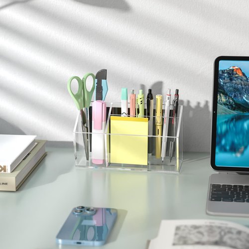 NiOffice Clear Acrylic Magnetic Dry Erase Marker Holder for Whiteboard Fridge Locker 8.4"x4.8"x2.4" Large Self Adhesive Wall Pen Holder for Home School Office,3-Grid Magnetic Pencil Organizer Holder