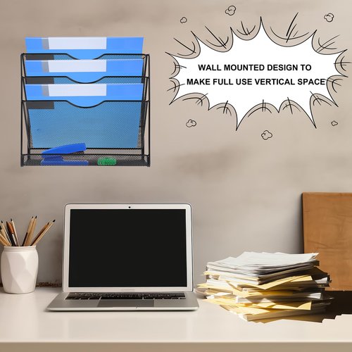 IOUGDSEC 4-Tier Mesh Wall File Holder Organizer with Bottom Flat Tray, Vertical Hanging File Organizer, Office Hanging File Folder Magazine Rack, Nametag Label Hooks Set Included, Black