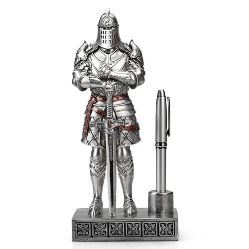 Amoysanli Knight Pen Stand Decoration Resin Pen Holder Art Craft Paperweight for Desktop Organizer Festival Gifts for Boyfriend Husband Dad Son(Silver)
