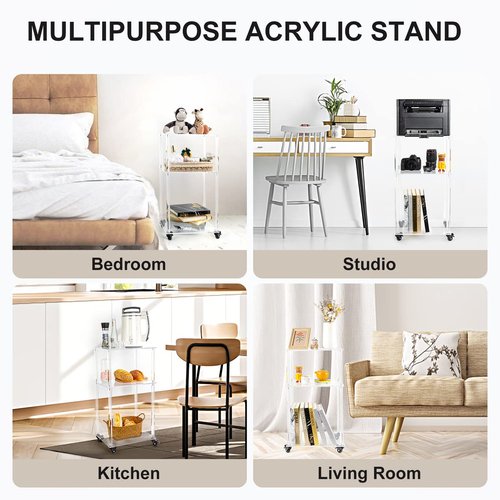 TAKEKIT Acrylic Printer Stand, 3-Tier Printer Table on Wheels, Multifunctional Rolling Printer Cart Storage Shelf for Home Office Organization