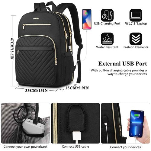 YAMTION Laptop Backpack Women,Backpack for Women USB for Business Work Office College Students Teacher,Black,17.3 inch