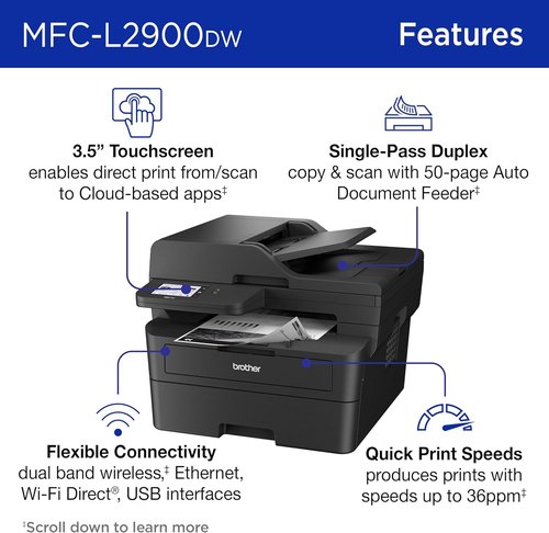 Brother Professional Laser Printer - High-Speed 36 PPM Monochrome All-in-One with Wireless Duplex Printing & 3.5" Touchscreen