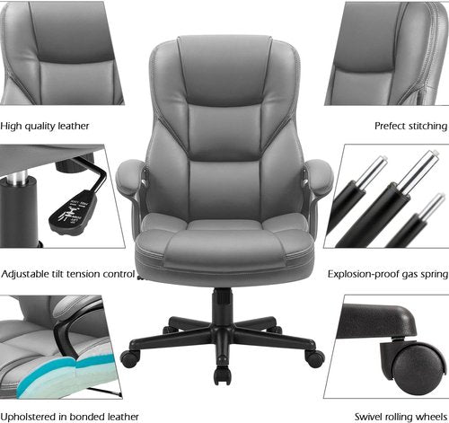 Furmax Executive Office Chair - High Back Adjustable Swivel Desk Chair with Lumbar Support | Gray PU Leather
