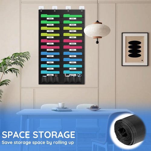 ZKOO 20 Pockets Hanging Wall File Organizer for A4 Size Paper/Legal/Letter Size Document, Sturdy Wall Mail Organizer Black Pocket Great for Classroom, Office, Home Use with 4 Hangers 6 Pen Pocket