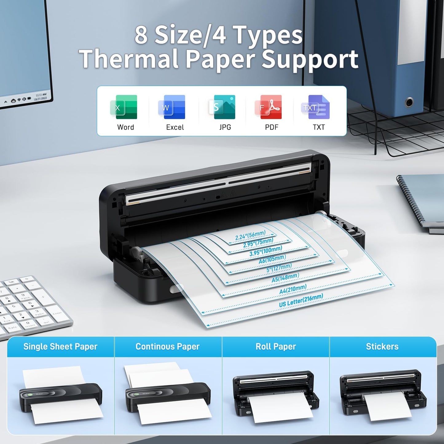 Yinker Portable A4 Thermal Printer | 3 Rolls Thermal Paper & 2 Folding Papers Included | Inkless Bluetooth Printer w/Carry Case, Supports 8.5"x11" US Letter, Cellphone APP Compatible for Travel