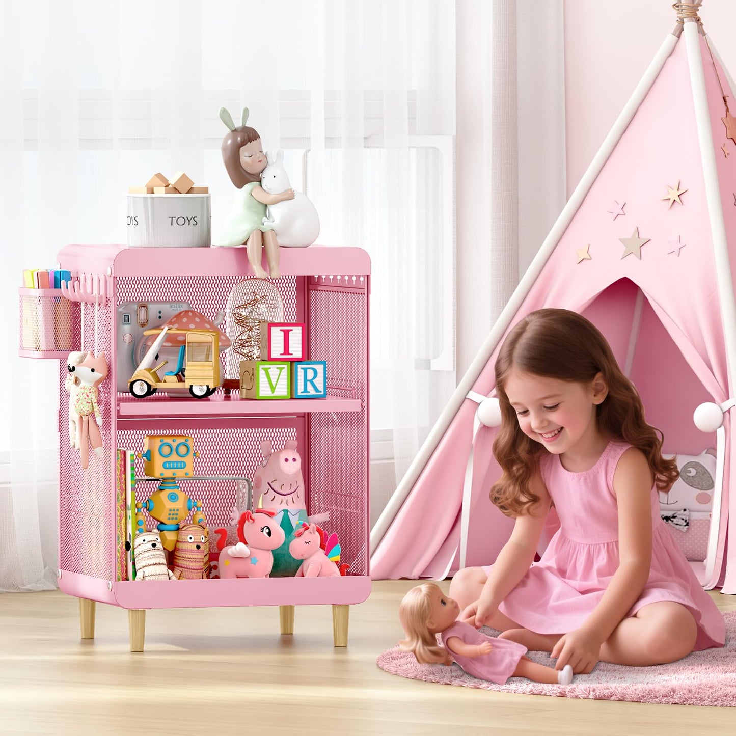 SYKIARIOL Kids Nightstand for Girls, Metal Bedside Table with 4 Hooks & Hanging Basket, 3-Tier Storage Shelf, Toddler Night Stand for Bedroom, Pink