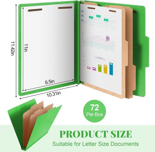 AmazingSpark 72 Pcs Classification Folders - Heavy Duty Pressboard File Organizer | Green, Letter Size with 2 Dividers