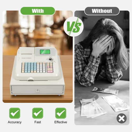 48 Keys Electronic Cash Register, 8 Digital LED Display Retail Point of Sale System and Cash Drawer, Multifunction Thermal Digital Cash Register with Drawer Box for Markets, Cafes